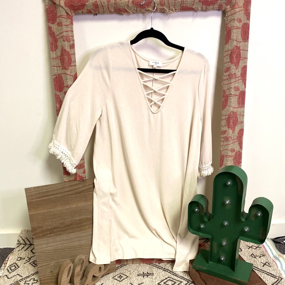 Umgee Cream Fringe Shift Dress